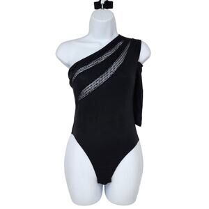 Hauty Black Mesh Detail One Shoulder Cold Shoulder Thong Bodysuit Size XS